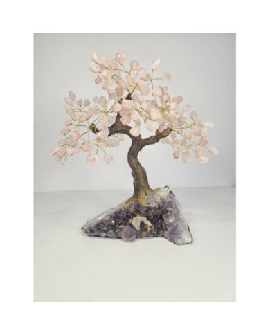 BONSAI DE CUARZO ROSA MEDIANO CON BASE DE DRUSA AMATISTA