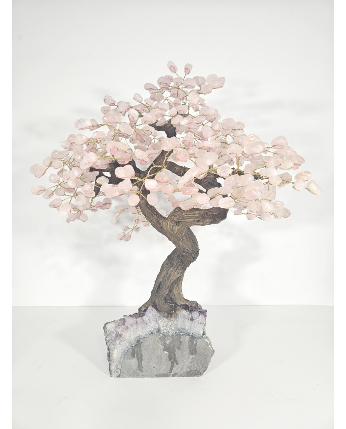 BONSAI DE CUARZO ROSA GRANDE CON BASE DE DRUSA AMATISTA
