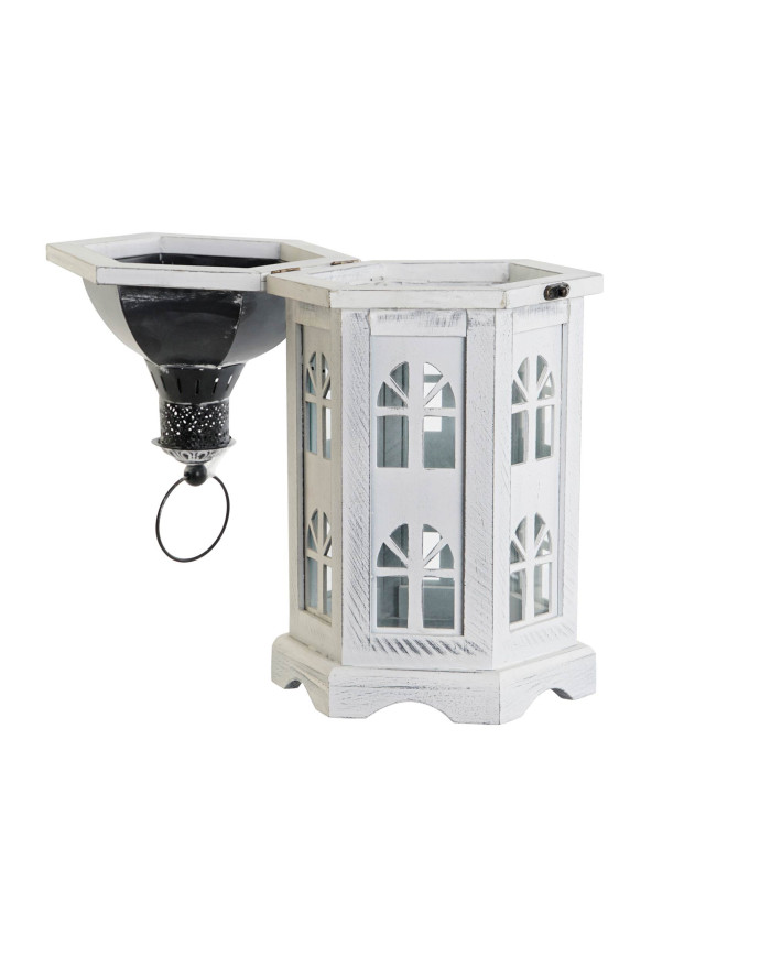 FAROLA MADERA CRISTAL 19X17X39 ENVEJECIDO BLANCO