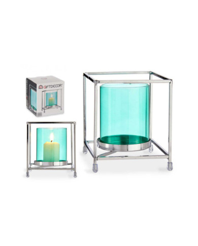 BASE VELA CRISTAL CUAD AZUL METAL PLATA PEQ