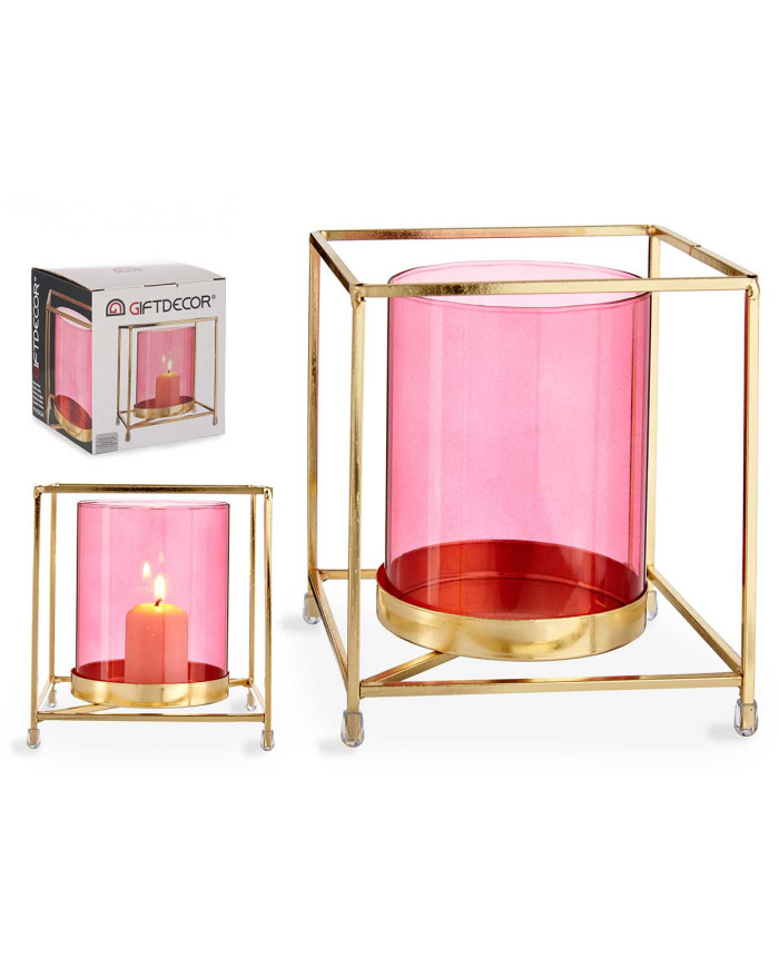 BASE VELA CRISTAL CUAD ROSA METAL ORO GRD