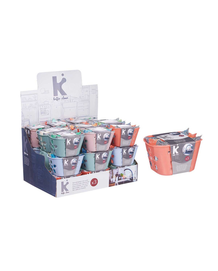 SET 3 ESTROPAJO CON CESTA COLORES METAL SURT