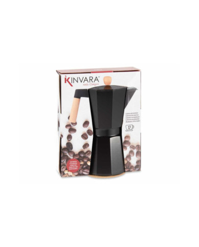 CAFETERA ALUMINIO 12 TAZAS NEGRA ASA MADERA