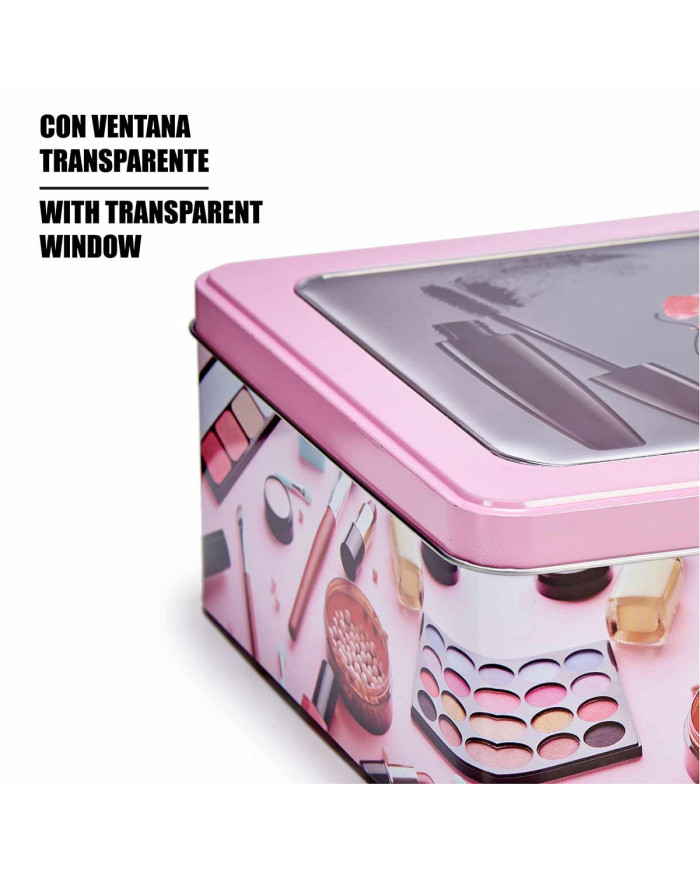 CAJA HOJALATA MAQUILLAJE CON VENTANA