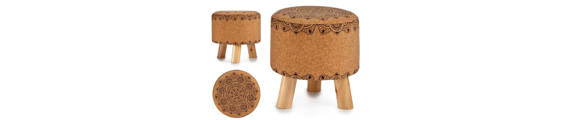 PUFF CORCHO REDONDO 3 PATAS MADERA MAPAMUNDI