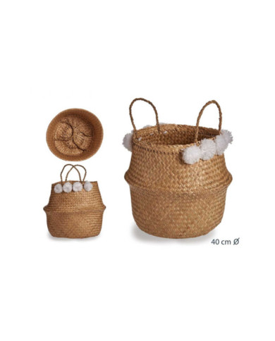 CESTA JUNCO MARINO 40CM NATURAL POMPONES