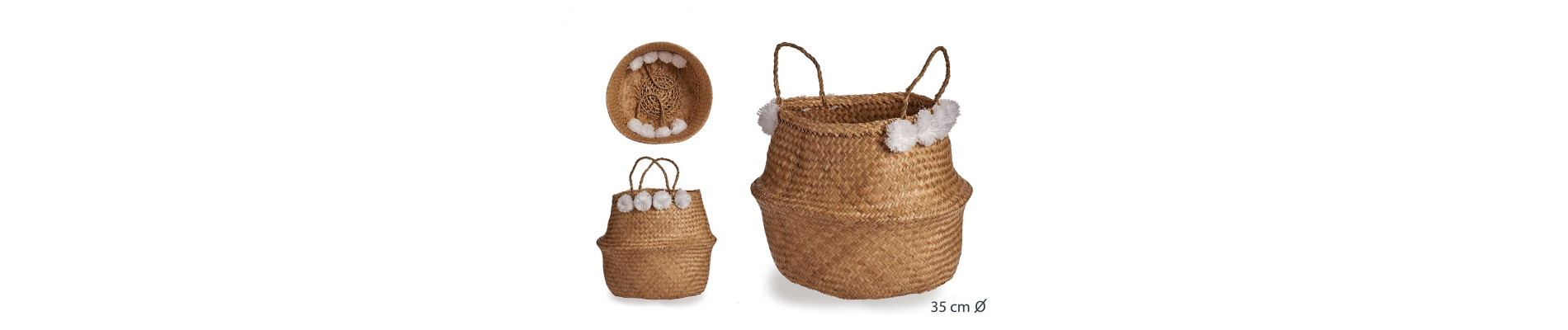 CESTA JUNCO MARINO 40CM NATURAL POMPONES