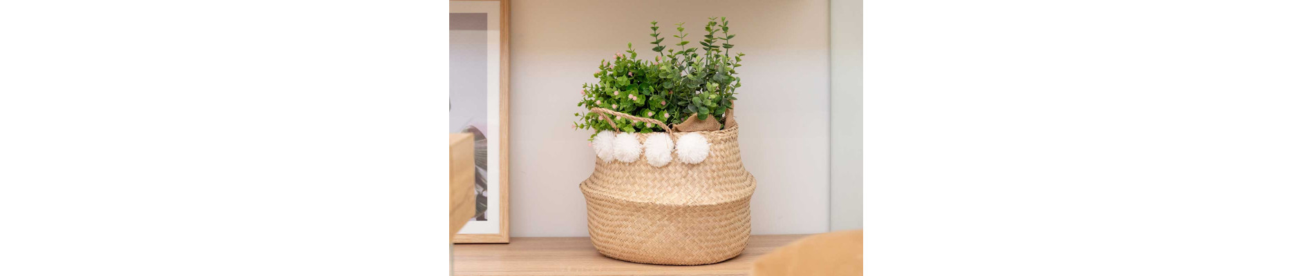 CESTA JUNCO MARINO 35CM NATURAL POMPONES