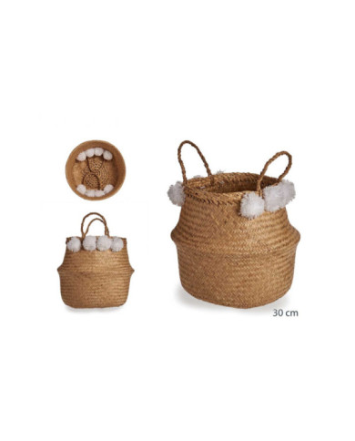 CESTA JUNCO MARINO 30CM NATURAL POMPONES