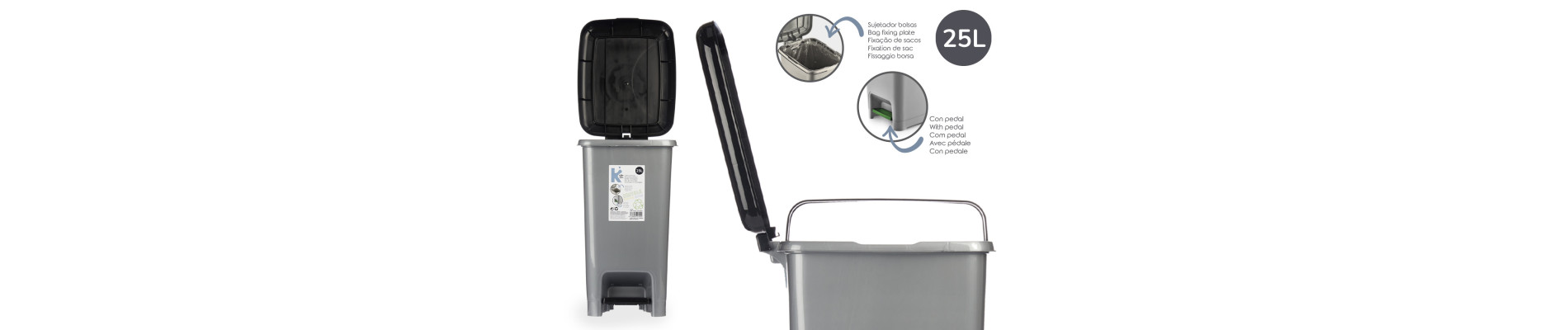 PAPELERA PLASTICO 25L RECICLAJE PEDAL NEGRA