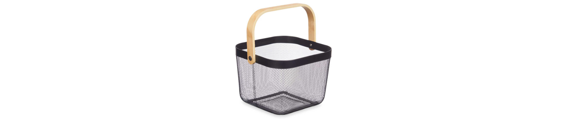 CESTA MALLA ASA MADERA CUADRADA NEGRA
