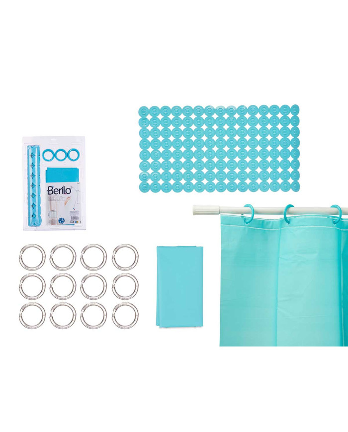 SET BAÑO CORTINA PEVA Y ALFOMBRA DUCHA AZUL