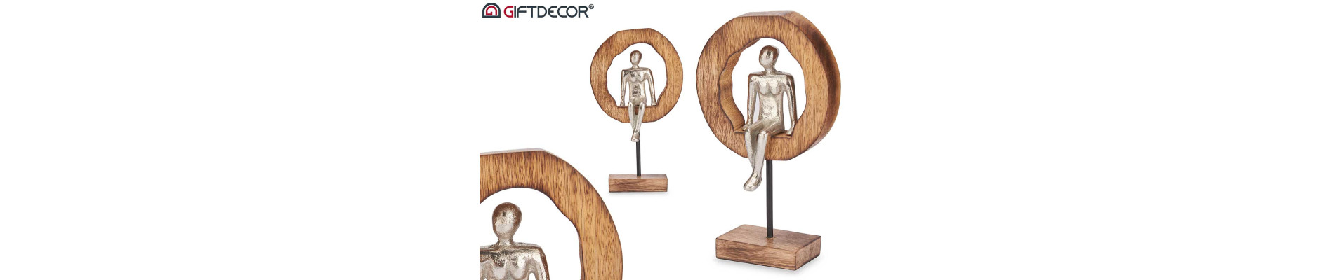 FIGURA DECORATIVA SENTADA PLATA SOPORTE MADERA